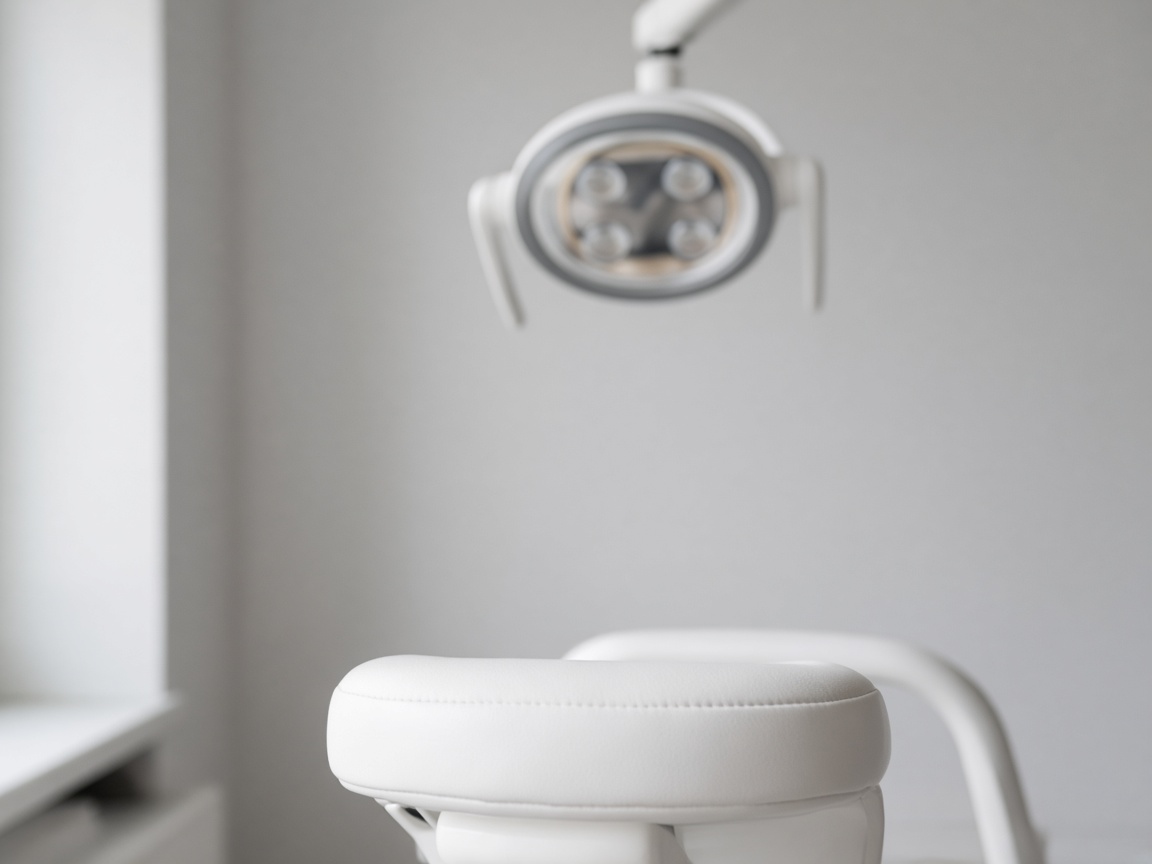 A close view of a white dental-chair headrest with a round operating light blurred above it on a gray wall.