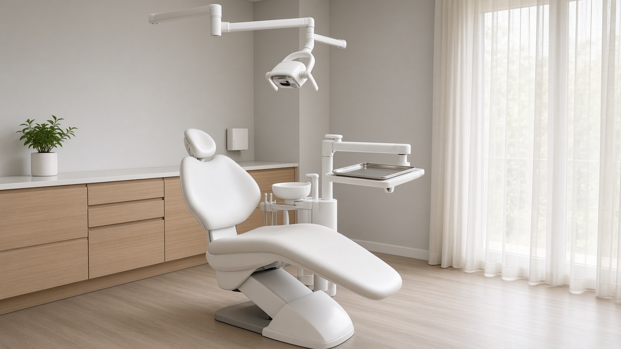 A wide view of an empty general dentistry operatory with a white dental chair, an overhead light, light wood cabinets, and a curtained window.