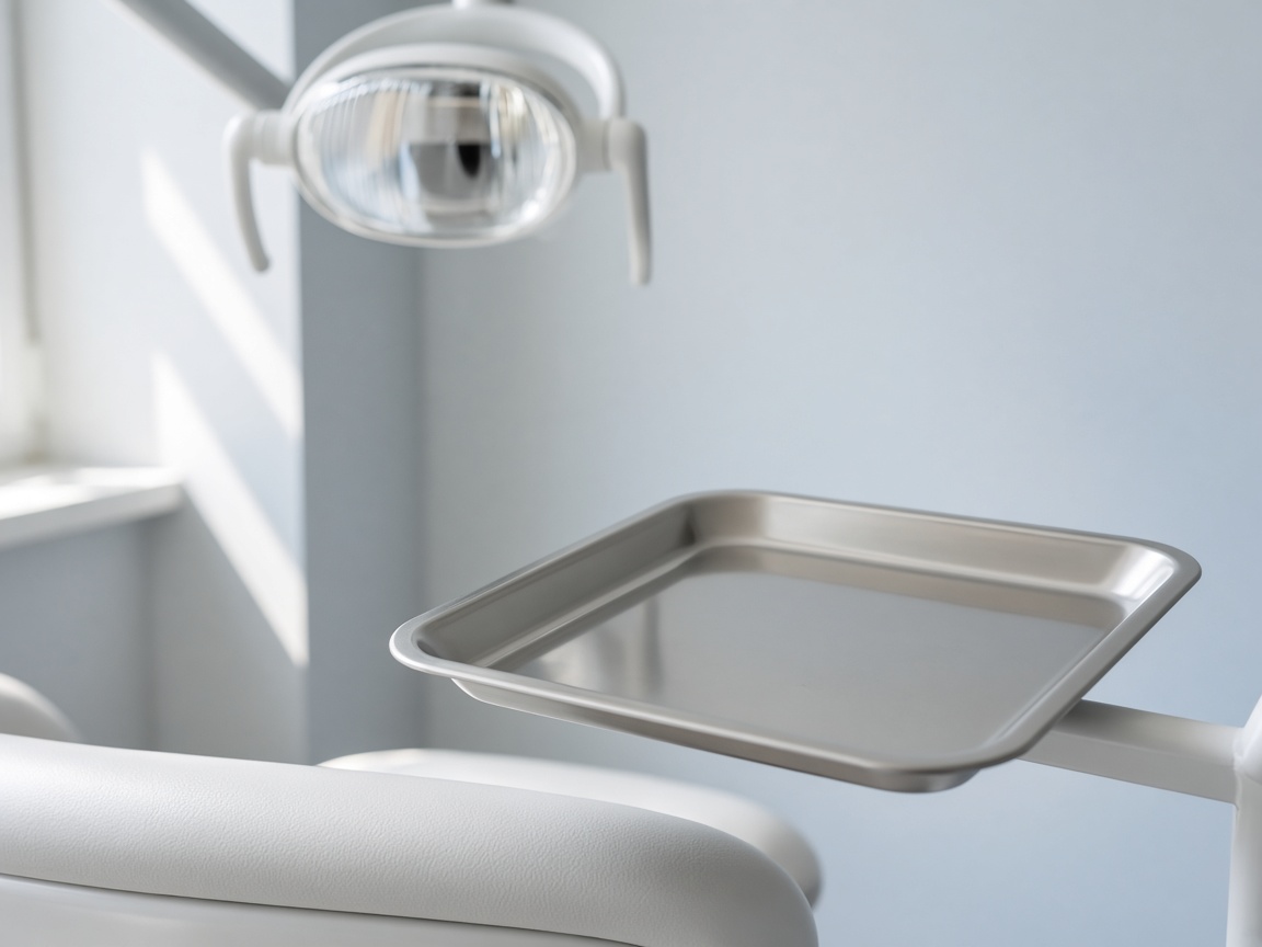 A close view of an empty metal instrument tray beside a white dental-chair arm, with the operating light out of focus.