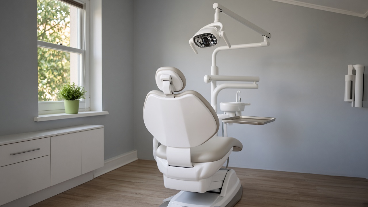 An empty white dental chair is seen from the foot, with an overhead light, a window, and a small plant on the sill.