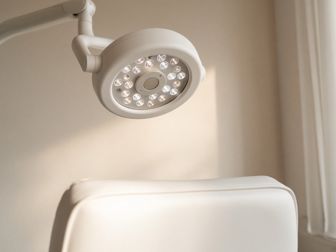 A close view of a lit round dental operating light above the white cushion of an empty chair.