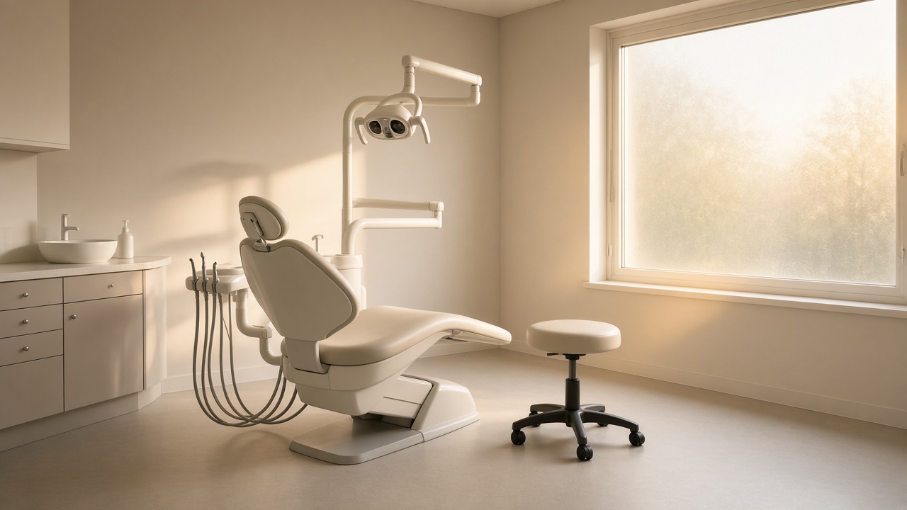 An empty cream operatory holds a dental chair, a raised overhead light, a rolling stool, and a large frosted window.