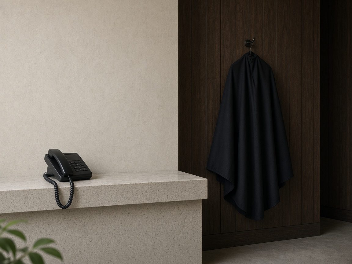 A phone on a reception ledge and one cape hanging on a hook.
