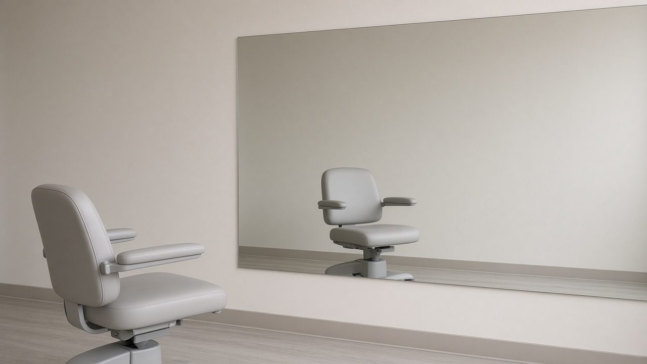 A clinic chair facing a mirror that reflects only the chair and a plain wall.