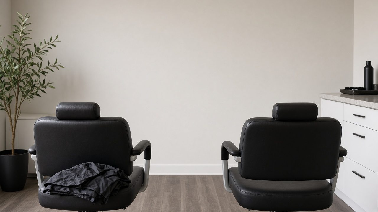 Two empty consult chairs, one with a folded cape, facing a blank wall.