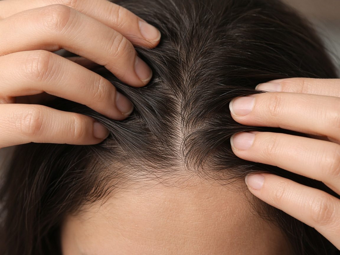Hands parting hair at a hairline in clinical light.