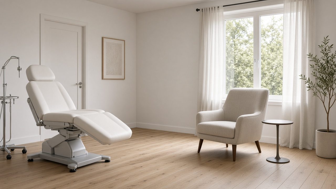 A clinical procedure chair and a styling chair by a window, both empty, in one wide room.
