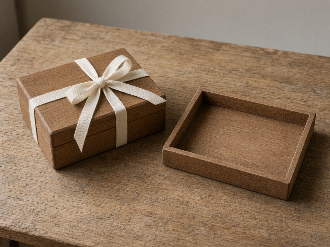 A ribbon-tied box sits at one end of a table and an empty tray at the other.