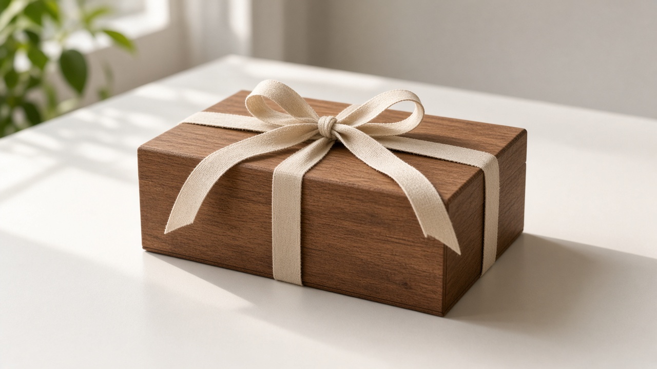 A closed wooden box tied with plain cotton ribbon sits on a clean table.