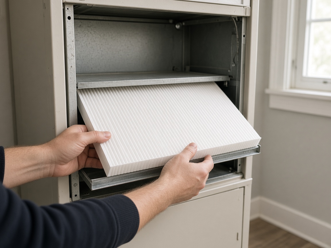 Two hands slide a plain white pleated filter into an open furnace cabinet.