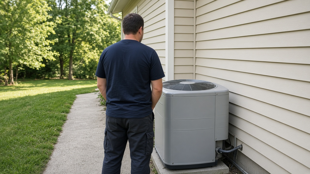 A person seen from behind stands beside a gray outdoor condenser along a house walkway.