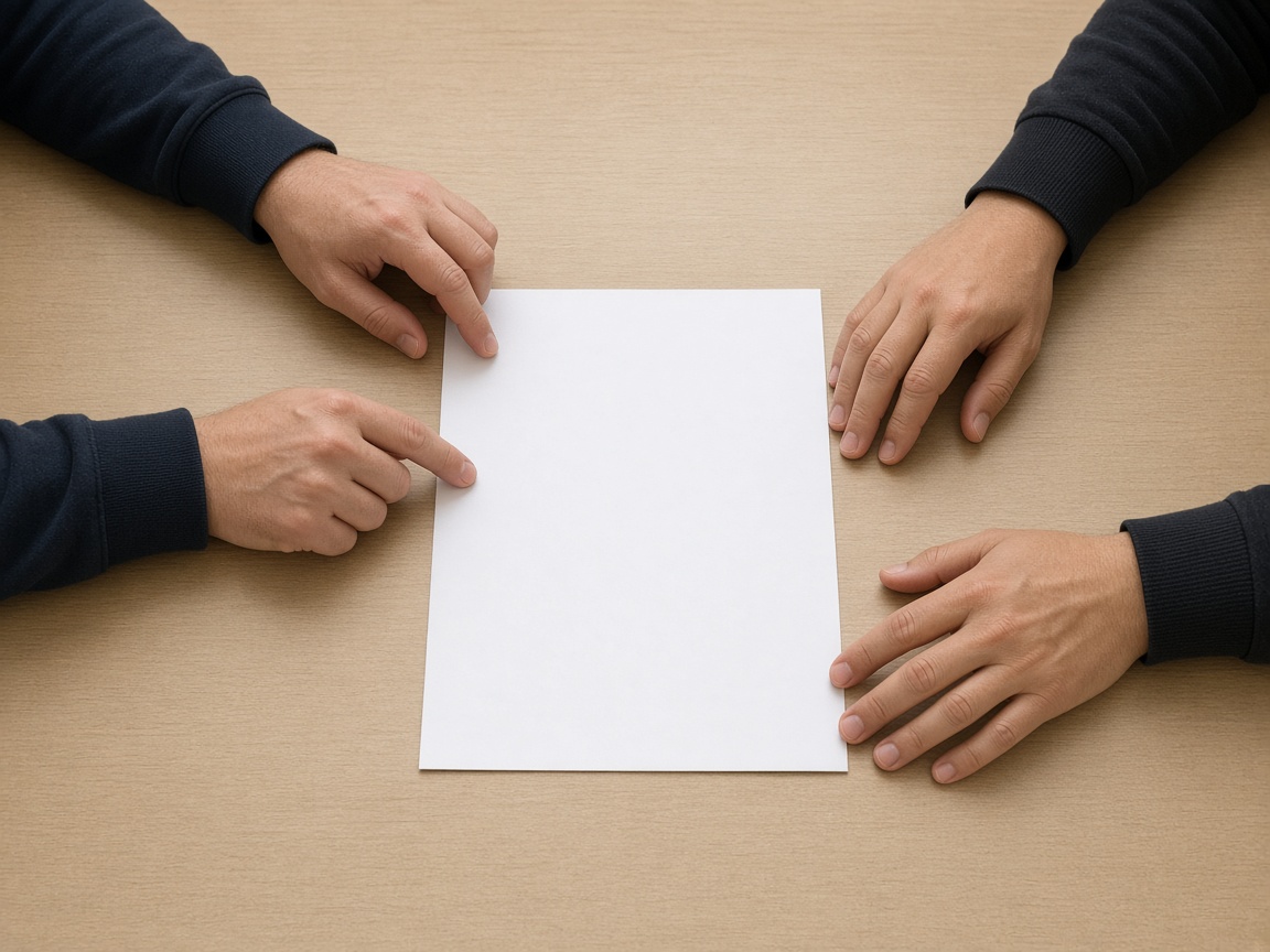 Two pairs of hands reviewing a blank sheet across a table.