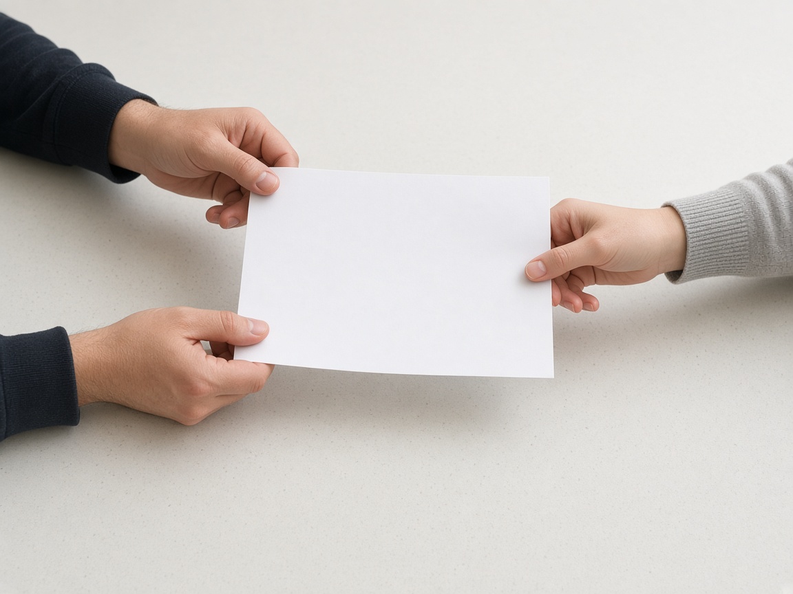 Hands passing a single blank sheet across a table.