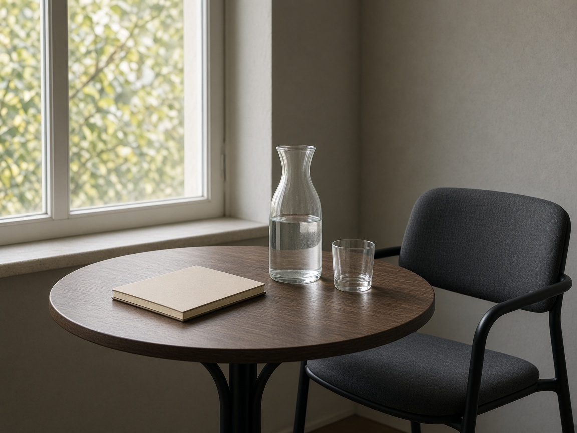 An empty chair, a closed notebook, and a carafe wait by a window.