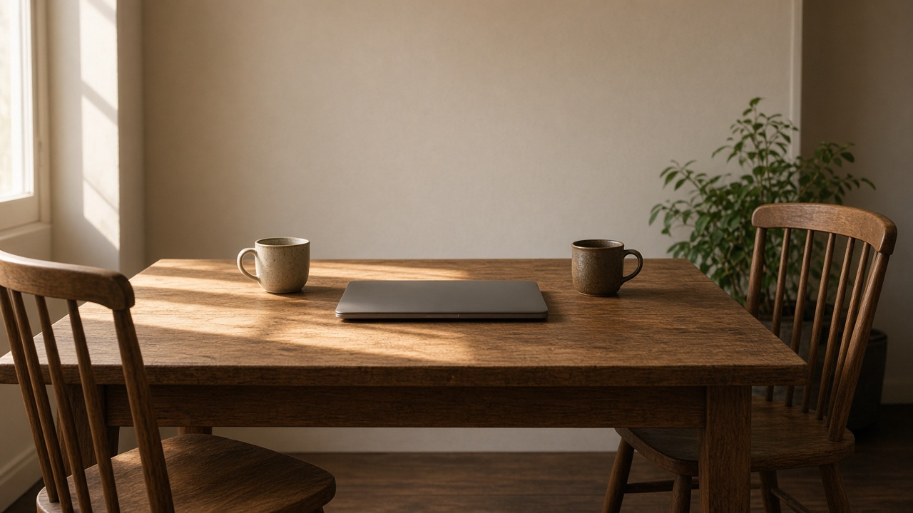 Two empty chairs face a closed laptop and two mugs on a long table.