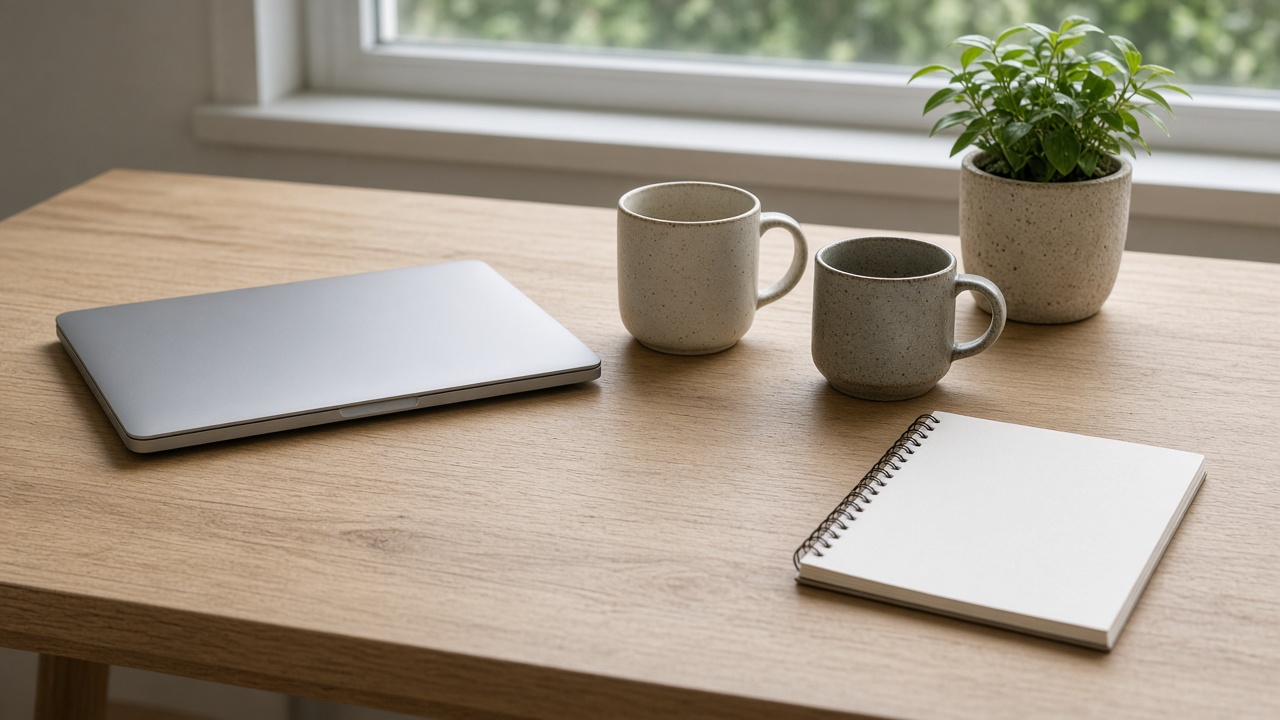 A closed laptop, two mugs, a plant, and a blank notepad wait on a desk.