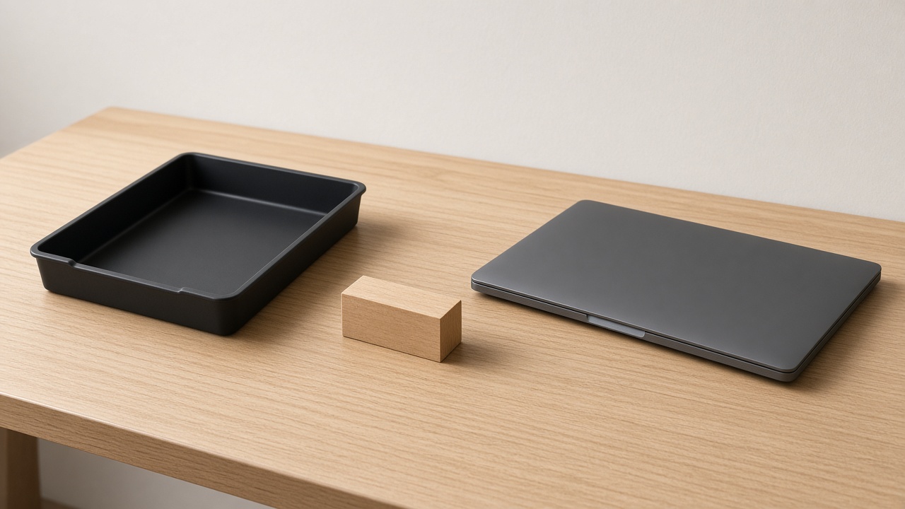 An empty tray, a closed laptop, and a wooden stop block share a desk.