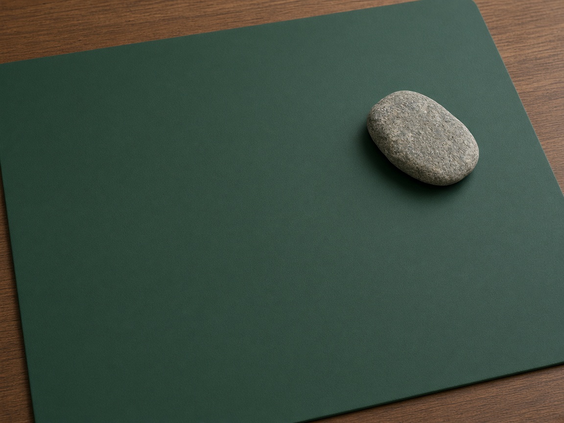 A smooth stone holds down a blank sheet on a plain green pad.