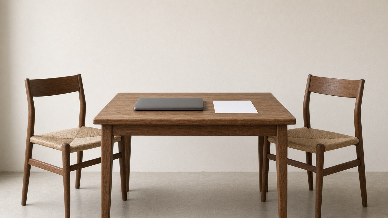 Two empty chairs face a closed laptop and one blank sheet.