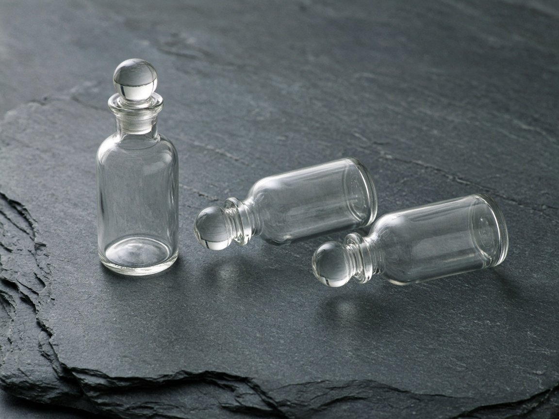 Three unmarked glass bottles with stoppers rest on slate, one upright and two on their sides.