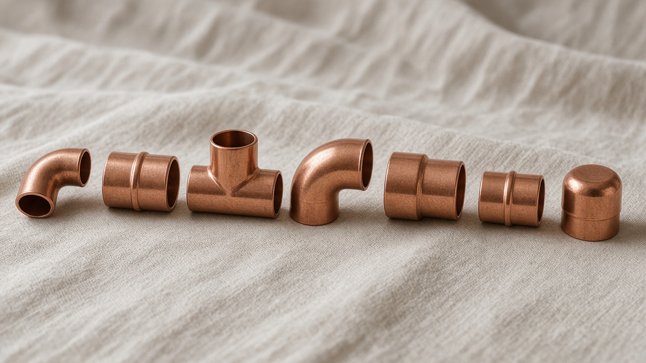 Unstamped copper fittings are lined up on a linen cloth.