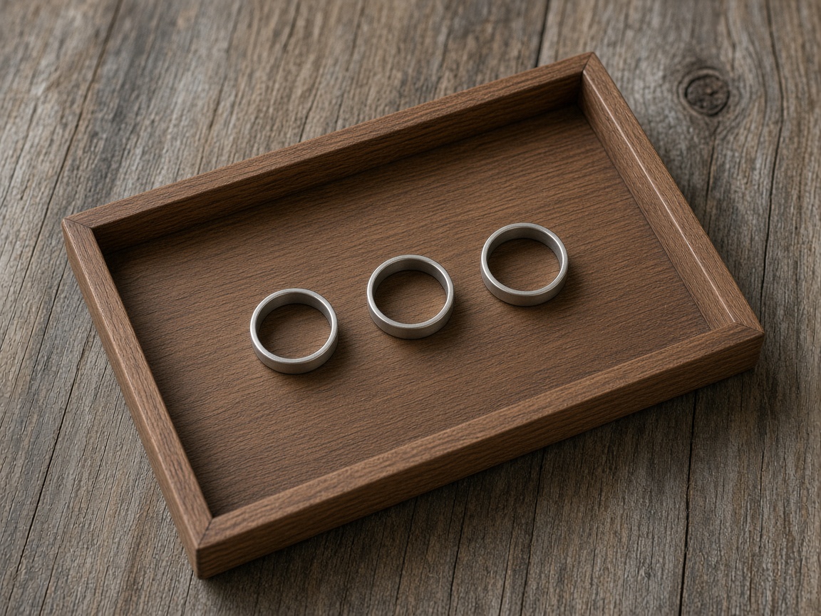 Three unmarked metal rings sit evenly spaced in a small wooden tray.