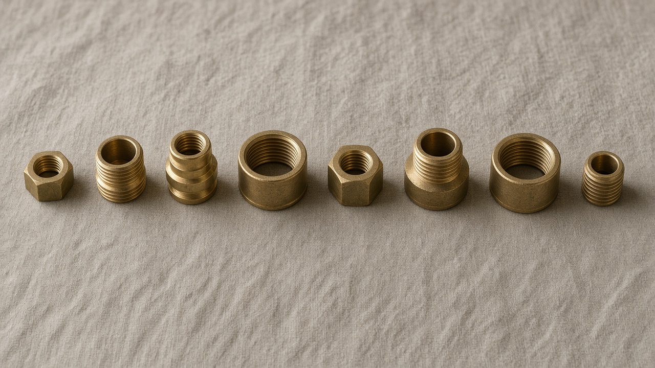 Unengraved brass fittings of several sizes lie in a straight line on linen.