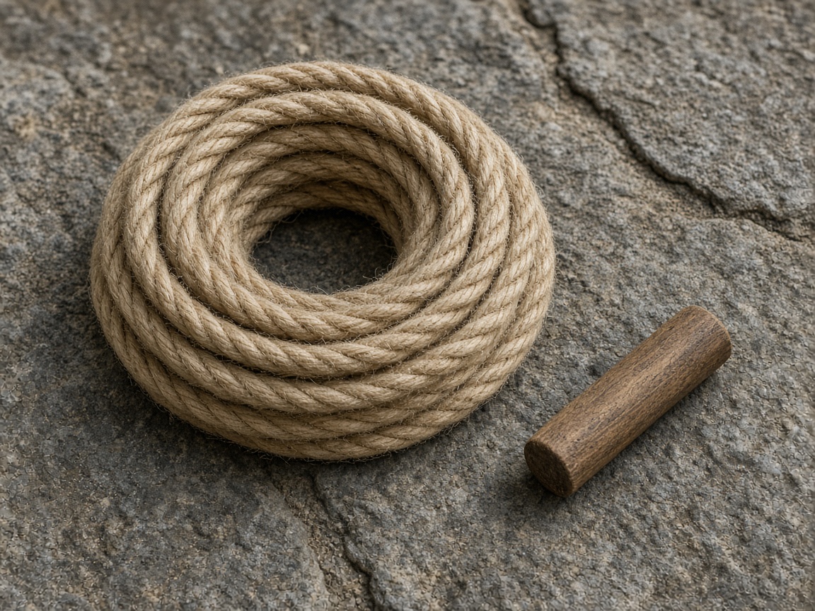 A coil of undyed rope lies next to a single wooden peg.