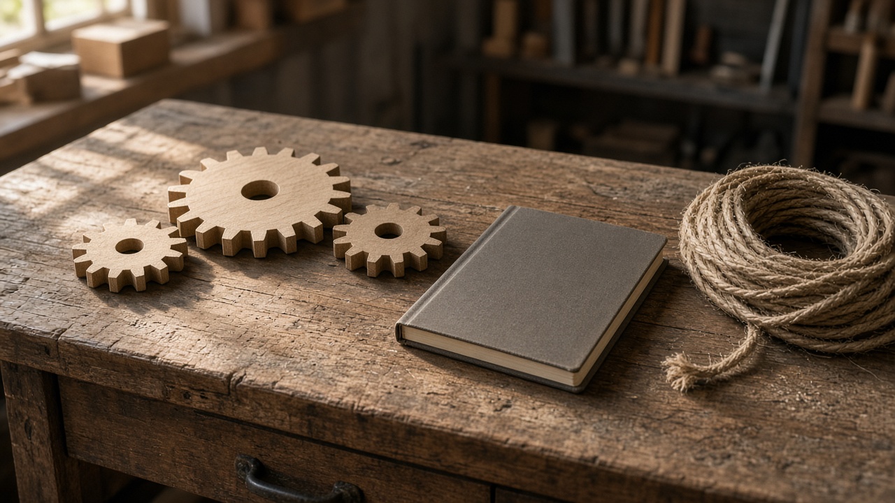 Wooden gears, a closed notebook, and a coil of rope share a workshop bench.