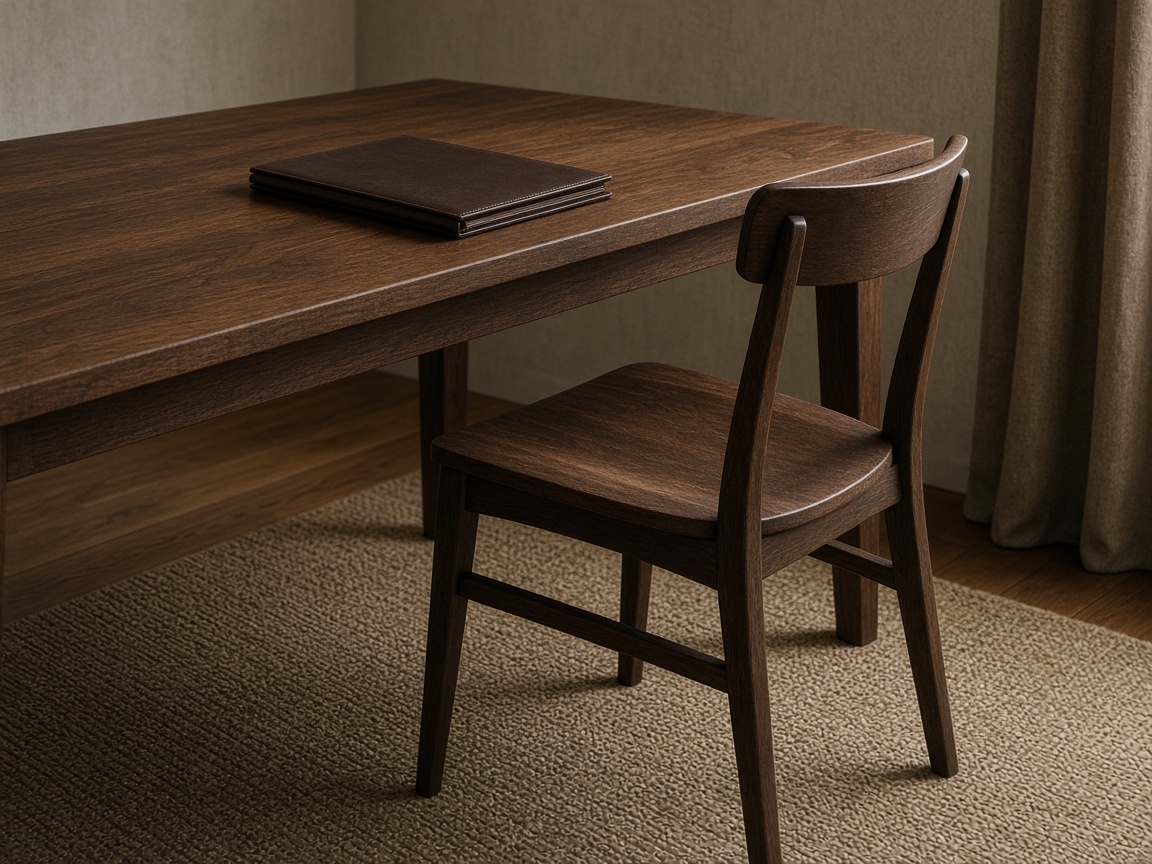 An empty chair is pulled out from a walnut table in front of a closed folder.