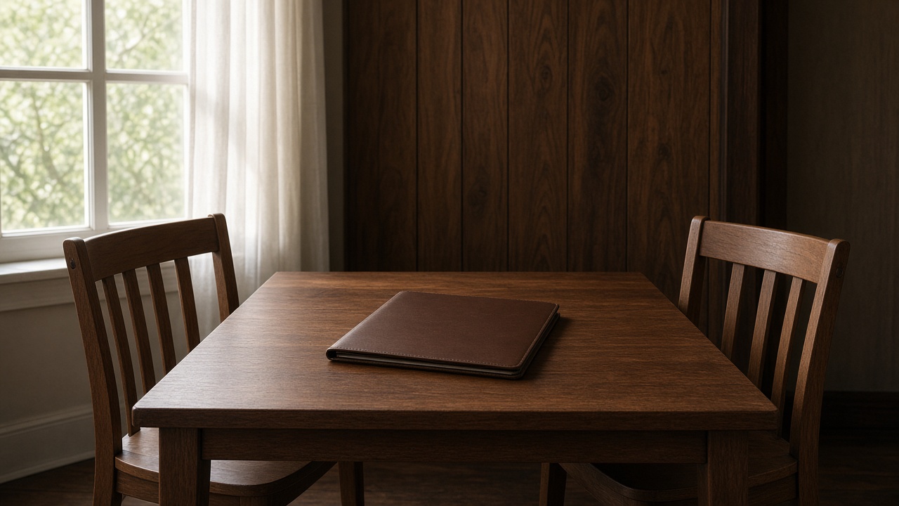 Two chairs face each other across a walnut table with a closed leather folder between them.