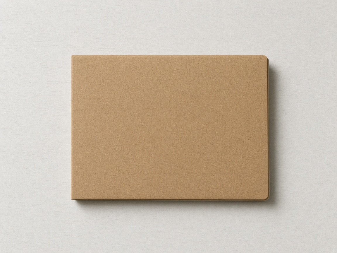 A closed kraft folder lies centered on a pale table.