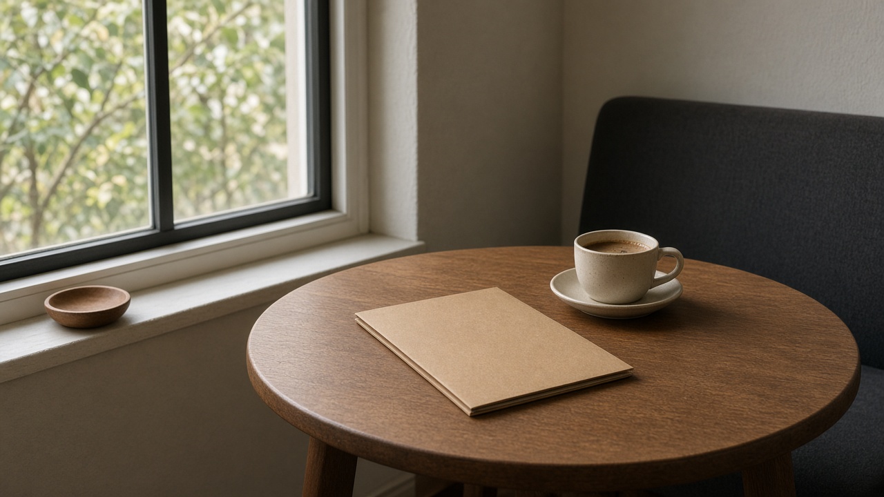 A closed kraft folder and a cup of coffee sit by a window.