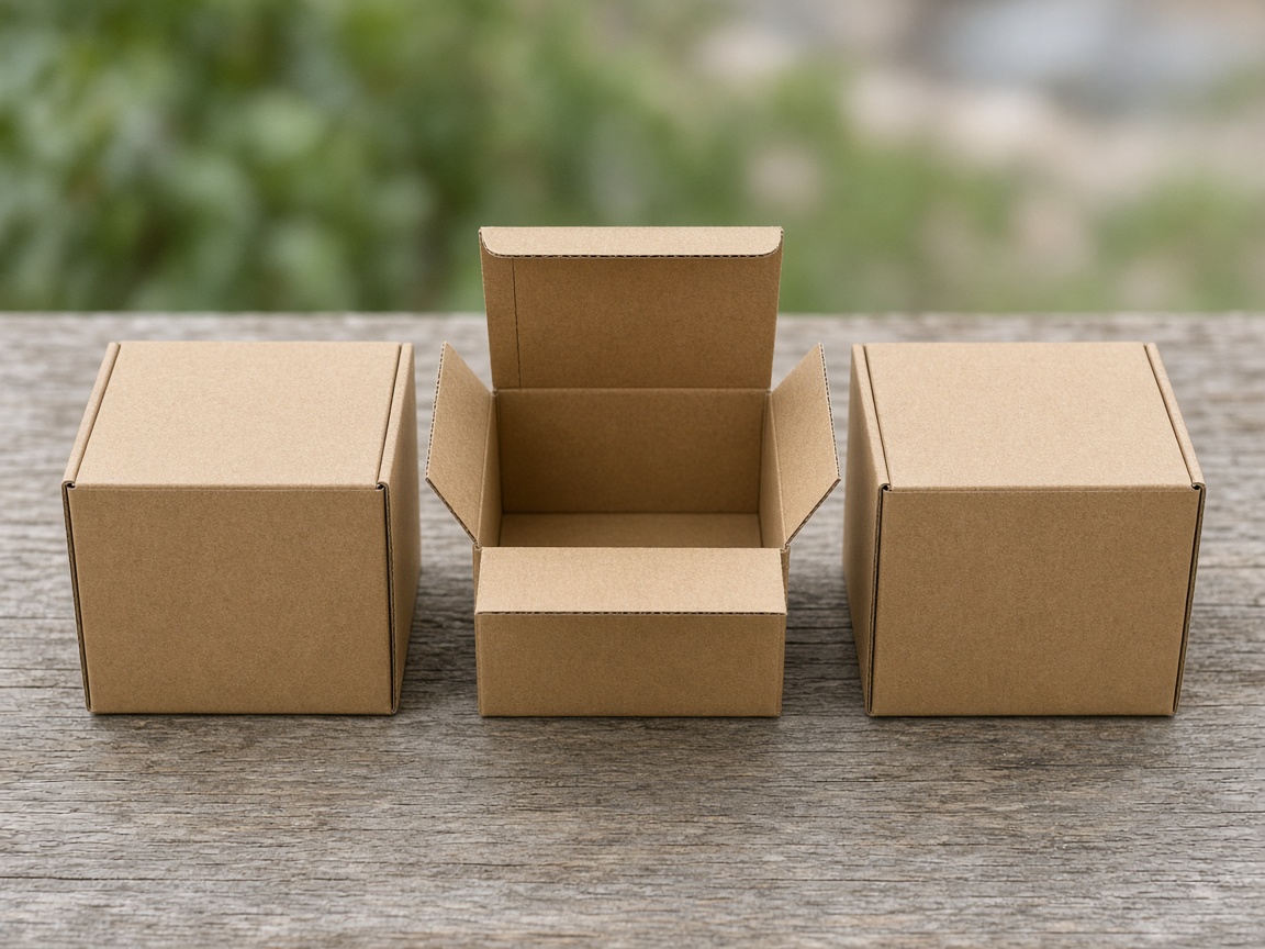 Three small plain boxes sit in a row, and the middle one is open and empty.