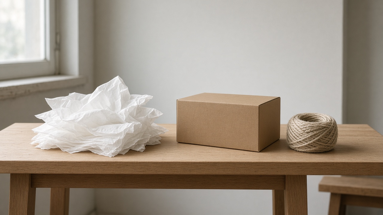 Tissue, a plain box, and a coil of twine wait on a packing table.