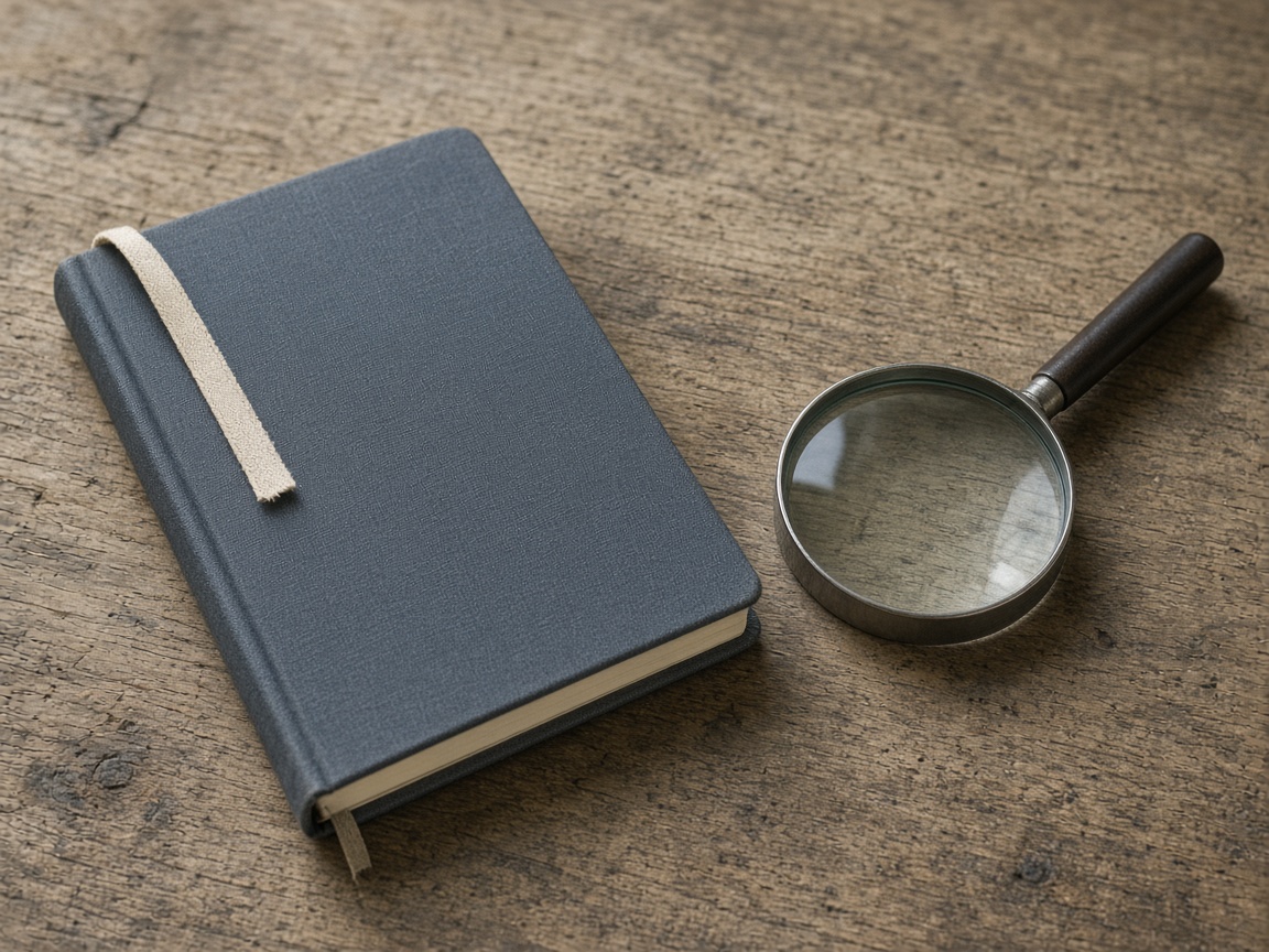 A closed notebook with a plain ribbon bookmark lies beside a magnifying glass.