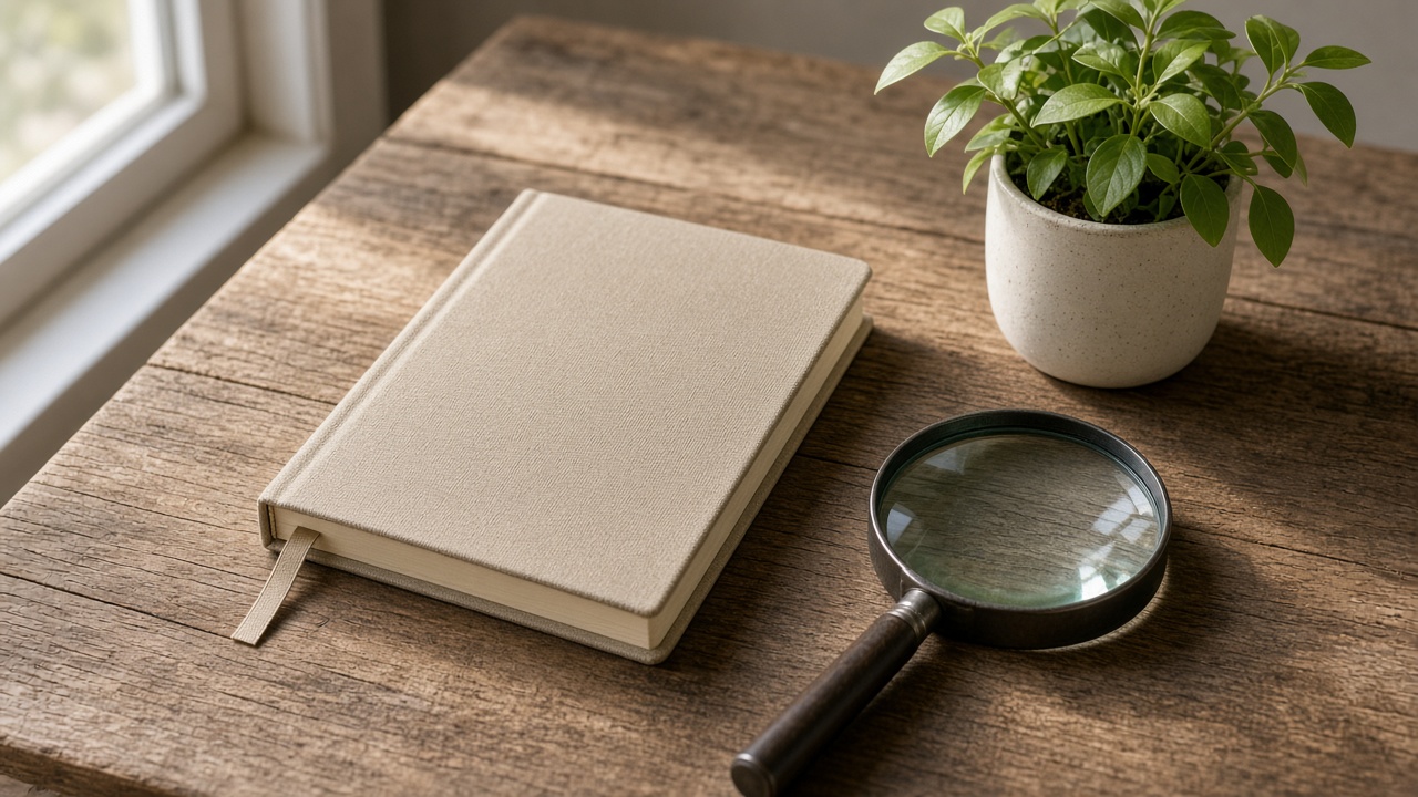 A magnifying glass, a closed notebook, and a small plant share a quiet desk.