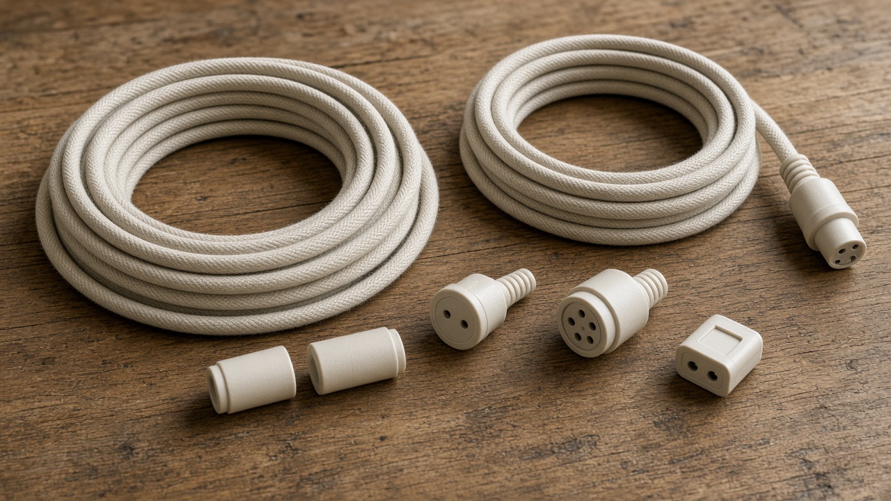 Plain cable coils and unmarked connectors are arranged on a workbench.
