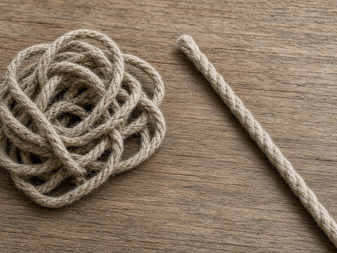 A tangled cloth cord lies beside the same kind of cord laid straight.