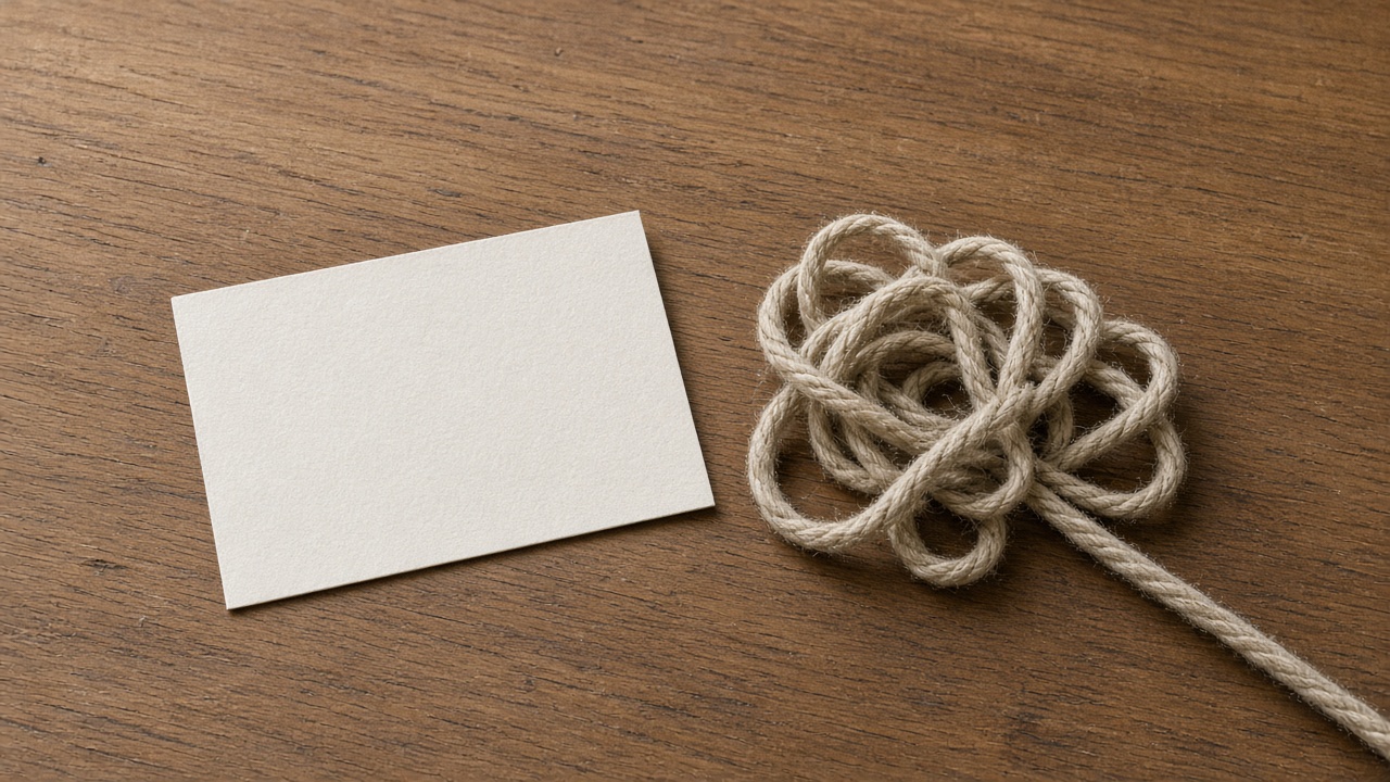 A blank card and a cloth cord, partly tangled and partly straight, lie on a desk.