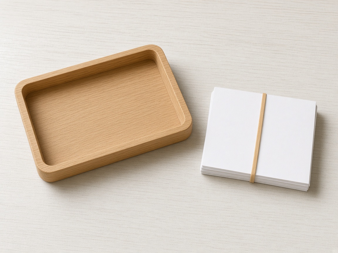 A rubber-banded stack of blank cards sits beside an empty wooden tray.