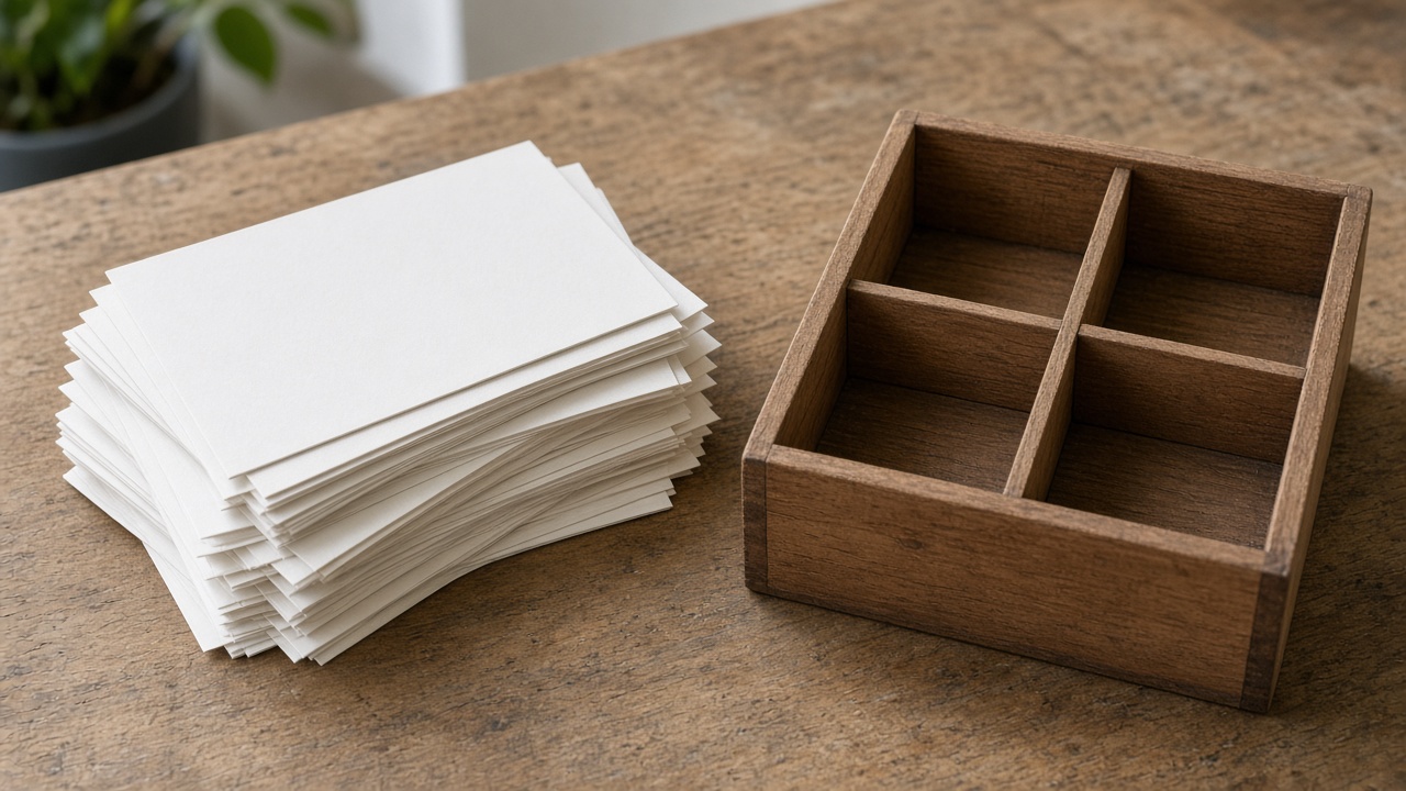 A pile of blank cards sits beside an empty wooden organizer.