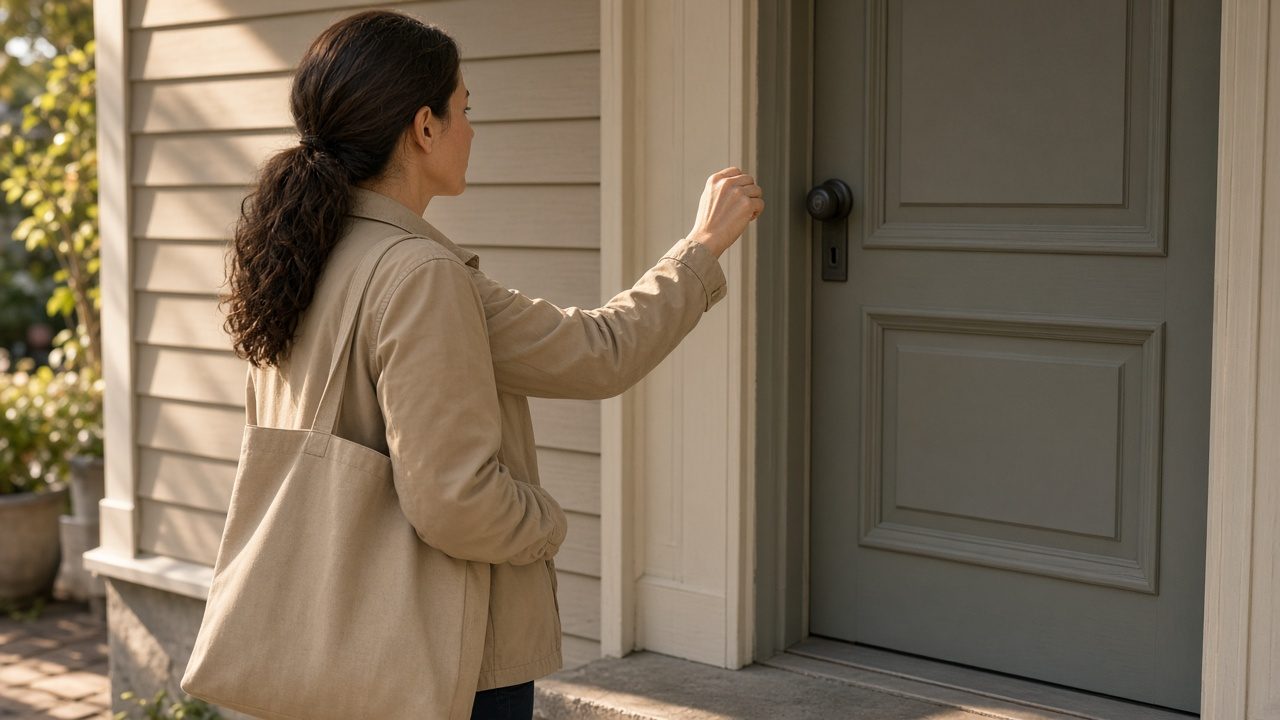 A caregiver with a plain bag at a front door in morning light.