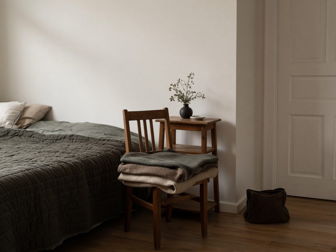 A folded blanket on a bedroom chair and a small bag set neatly aside.