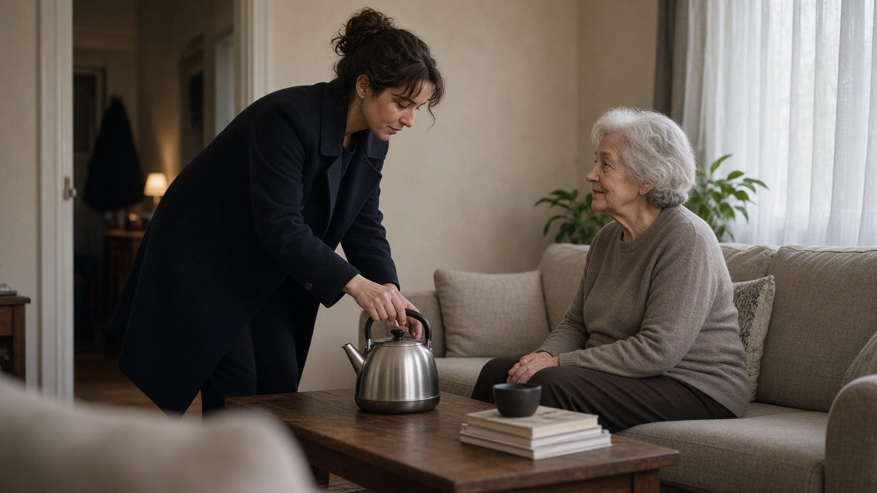 A caregiver still in a coat setting a kettle on a counter.