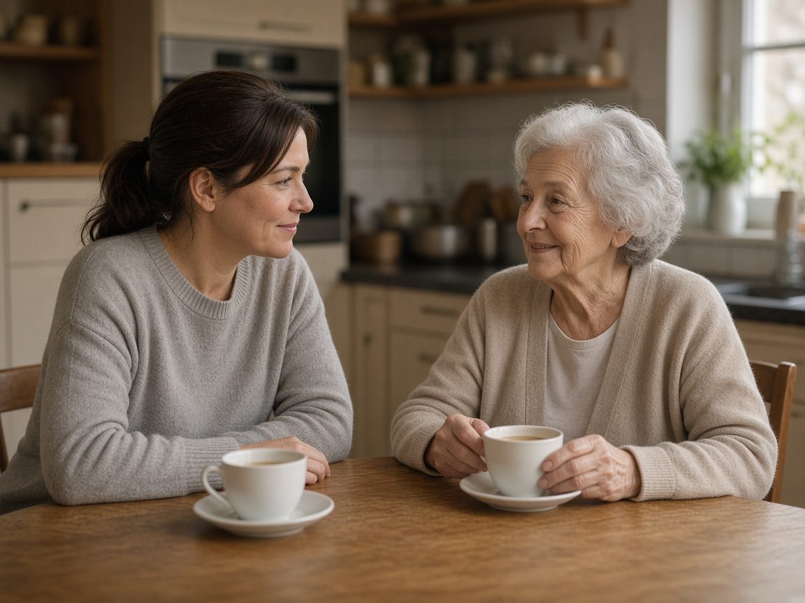 A caregiver and an older adult with teacups at a kitchen table.
