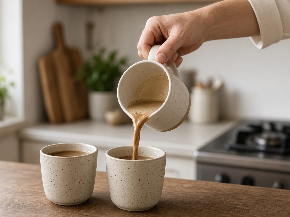 Two cups on a counter and a third being poured.