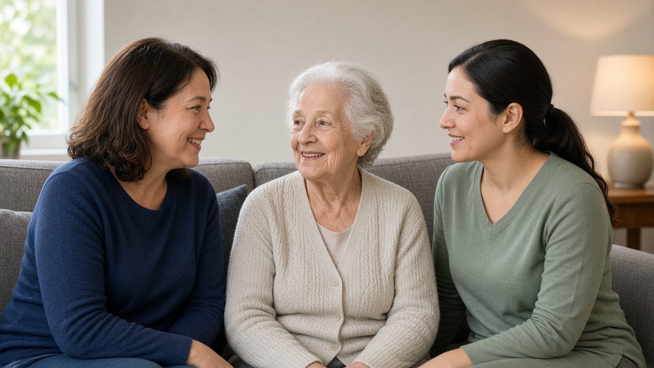 A family member, an older adult, and a caregiver talking on a sofa.