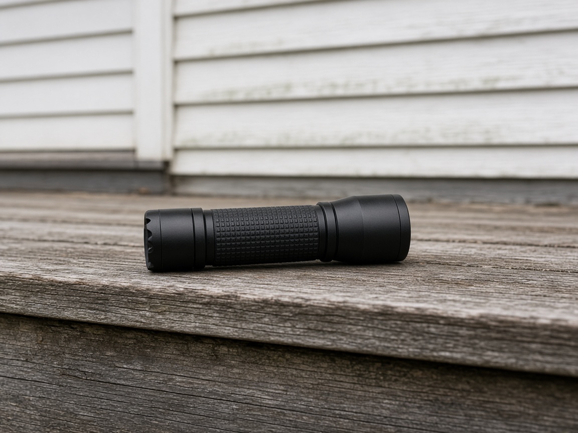 A textured black flashlight rests on gray porch boards in front of white clapboard.