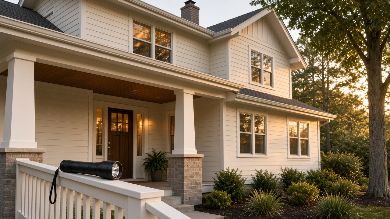 A black flashlight lies on the white porch rail of a two-story house with warm windows.
